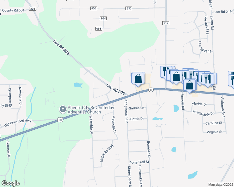 map of restaurants, bars, coffee shops, grocery stores, and more near 8-14 Coffield Drive in Phenix City
