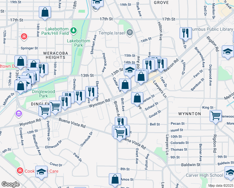 map of restaurants, bars, coffee shops, grocery stores, and more near 1214 Cedar Avenue in Columbus