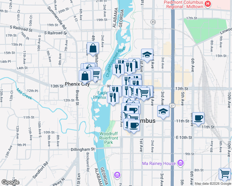 map of restaurants, bars, coffee shops, grocery stores, and more near Chattahoochee Riverwalk (Columbus) in Columbus