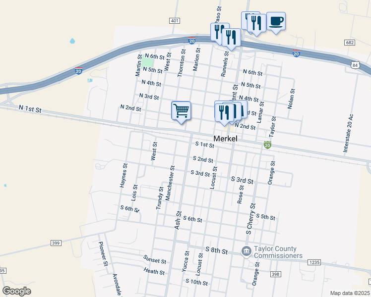 map of restaurants, bars, coffee shops, grocery stores, and more near 1409 South 1st Street in Merkel