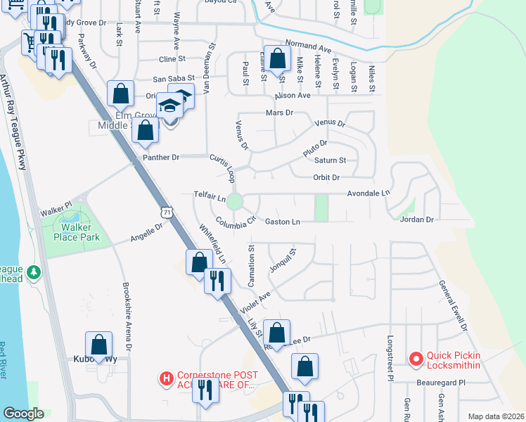 map of restaurants, bars, coffee shops, grocery stores, and more near 309 Columbia Circle in Bossier City
