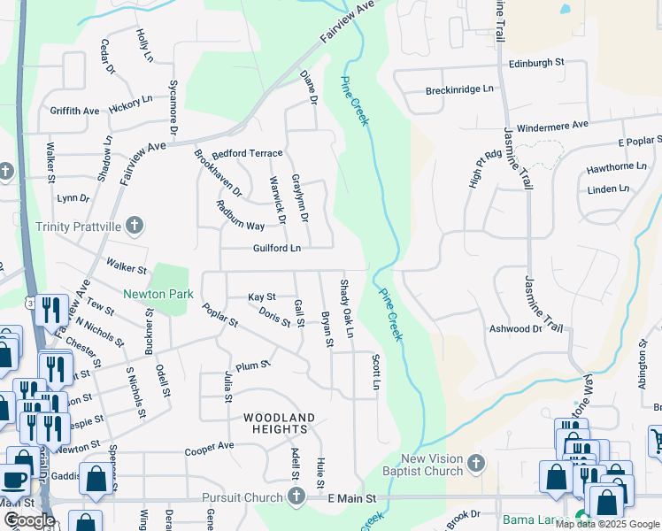map of restaurants, bars, coffee shops, grocery stores, and more near 142 Poplar Street in Prattville