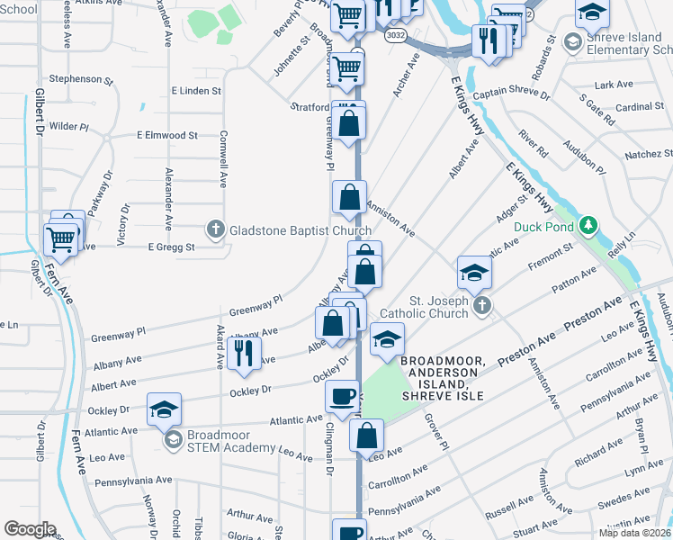 map of restaurants, bars, coffee shops, grocery stores, and more near 312 Albany Avenue in Shreveport