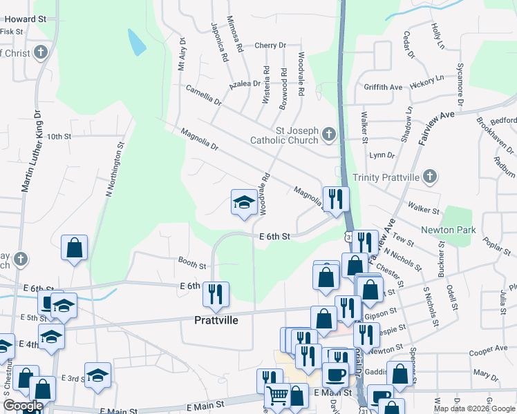 map of restaurants, bars, coffee shops, grocery stores, and more near 203 Juniper Court in Prattville