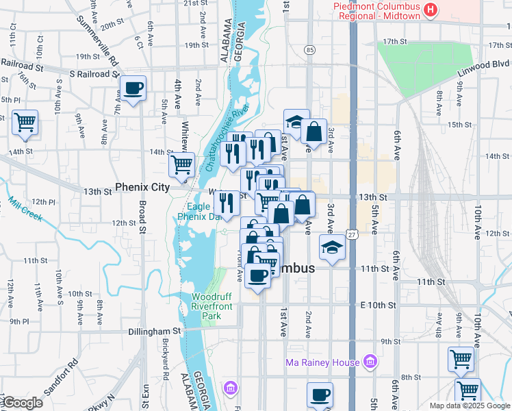 map of restaurants, bars, coffee shops, grocery stores, and more near 1250 Broadway in Columbus