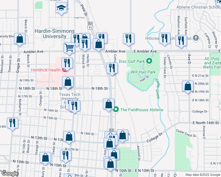 map of restaurants, bars, coffee shops, grocery stores, and more near 601 North 18th Street in Abilene