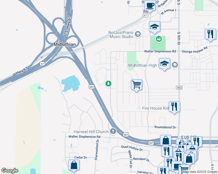 map of restaurants, bars, coffee shops, grocery stores, and more near 1111 Walter Stephenson Road in Midlothian