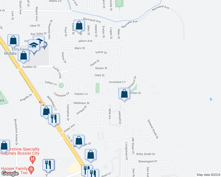 map of restaurants, bars, coffee shops, grocery stores, and more near 505 Gaston Circle in Bossier City