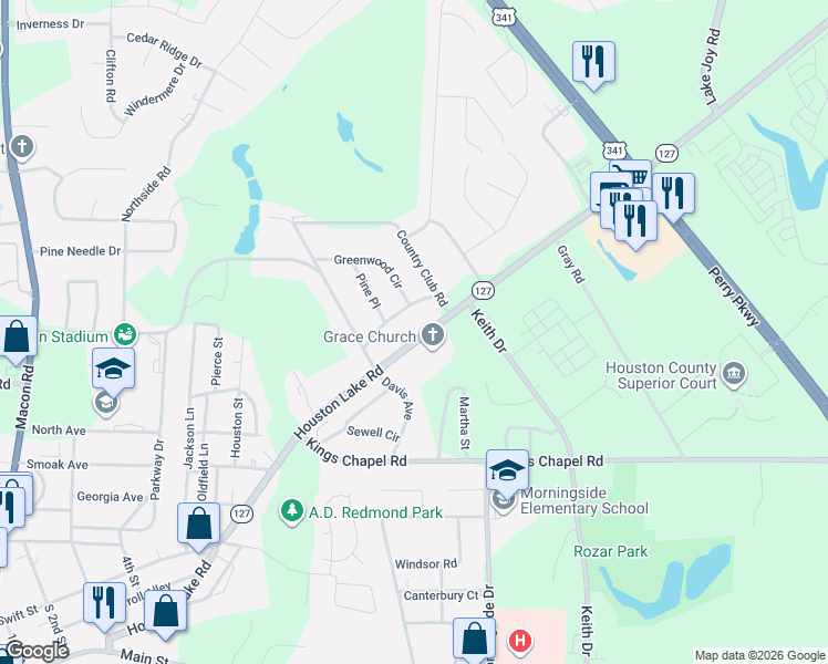map of restaurants, bars, coffee shops, grocery stores, and more near 1745 Houston Lake Road in Perry