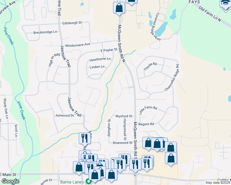 map of restaurants, bars, coffee shops, grocery stores, and more near 106 Sweet Meadow Court in Prattville