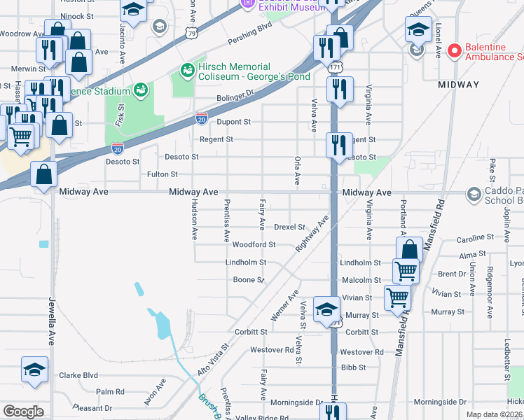 map of restaurants, bars, coffee shops, grocery stores, and more near 3001 Devaughn Street in Shreveport