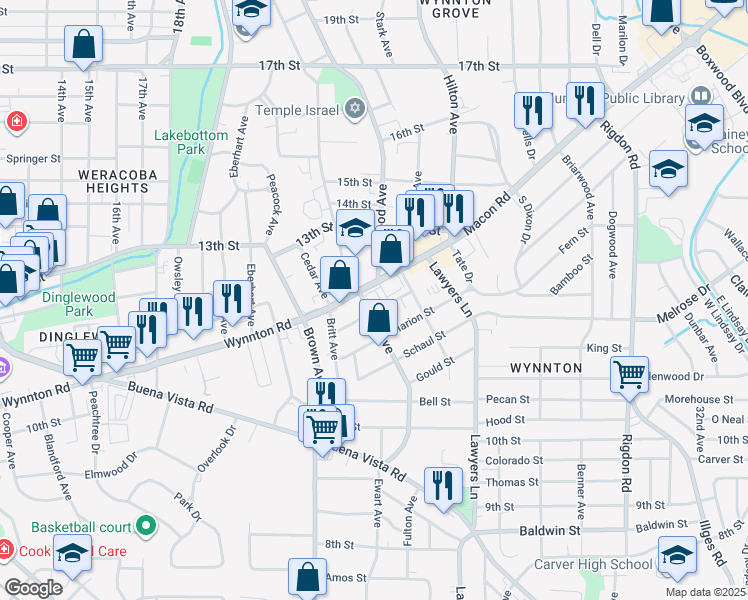 map of restaurants, bars, coffee shops, grocery stores, and more near 2300 Wynnton Road in Columbus