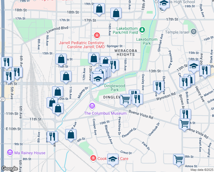 map of restaurants, bars, coffee shops, grocery stores, and more near 1365 Warren Williams Road in Columbus