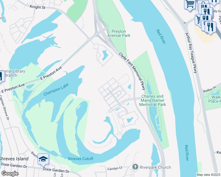 map of restaurants, bars, coffee shops, grocery stores, and more near 2600 Celebration Cove in Shreveport