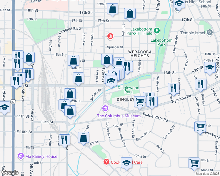 map of restaurants, bars, coffee shops, grocery stores, and more near 1314 13th Street in Columbus