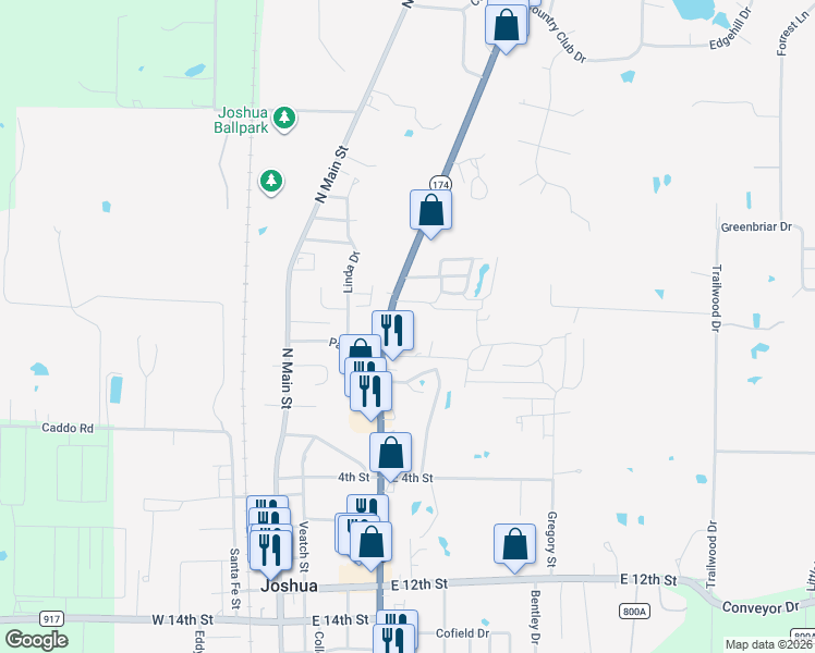 map of restaurants, bars, coffee shops, grocery stores, and more near 422 North Broadway Street in Joshua
