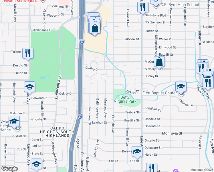 map of restaurants, bars, coffee shops, grocery stores, and more near 3827 Maryland Avenue in Shreveport