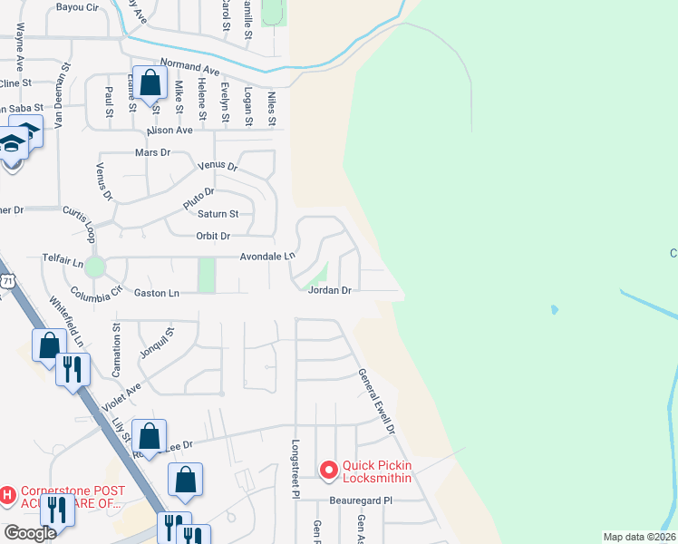 map of restaurants, bars, coffee shops, grocery stores, and more near 608 Bloomington Lane in Bossier City