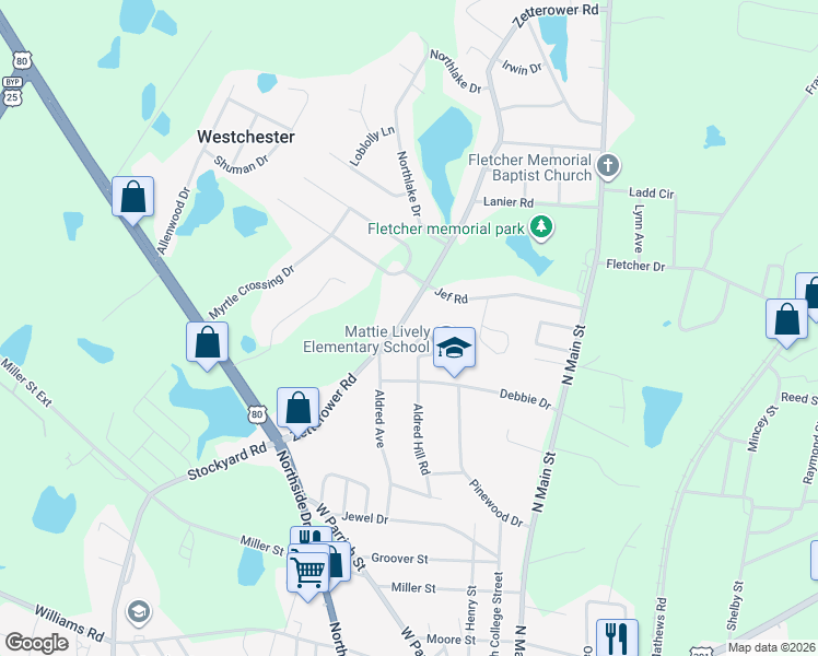 map of restaurants, bars, coffee shops, grocery stores, and more near 29 Jef Road in Statesboro