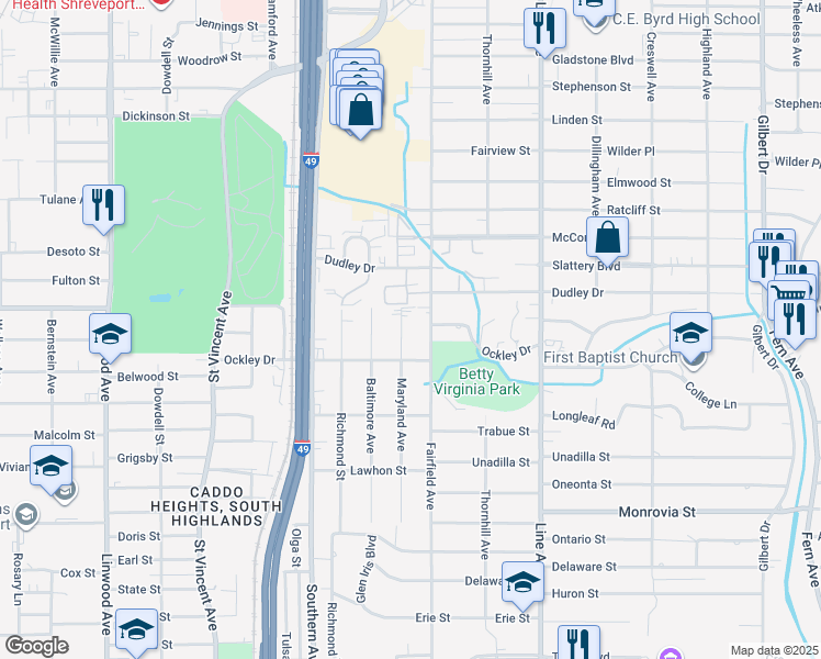 map of restaurants, bars, coffee shops, grocery stores, and more near 3819 Maryland Avenue in Shreveport