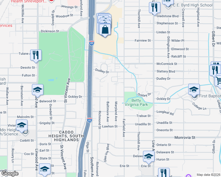 map of restaurants, bars, coffee shops, grocery stores, and more near 3812 Baltimore Avenue in Shreveport