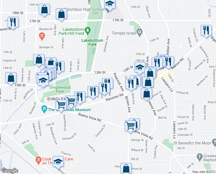map of restaurants, bars, coffee shops, grocery stores, and more near 1241 Eberhart Avenue in Columbus