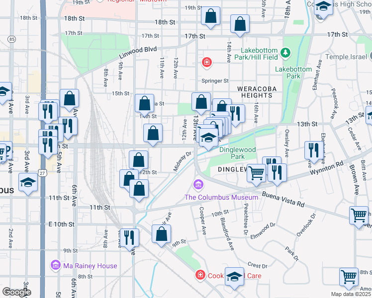 map of restaurants, bars, coffee shops, grocery stores, and more near 1200 13th Street in Columbus