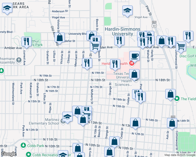 map of restaurants, bars, coffee shops, grocery stores, and more near 1800 Beech Street in Abilene