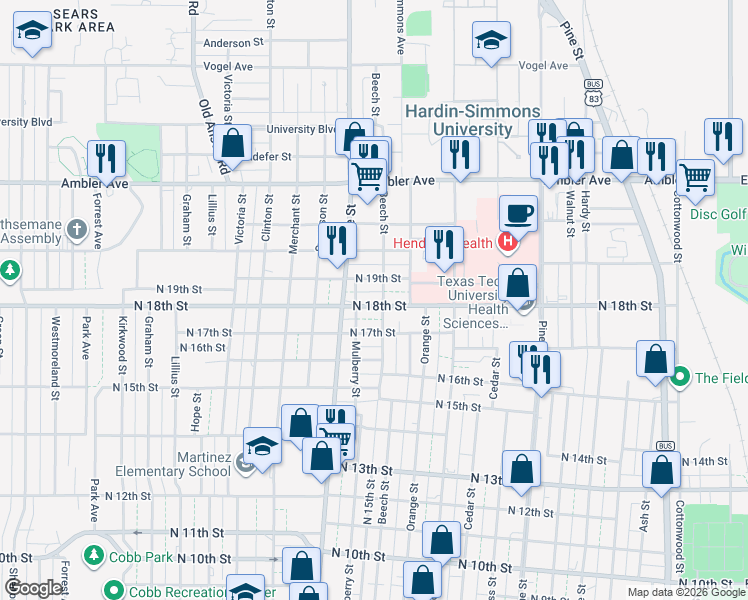 map of restaurants, bars, coffee shops, grocery stores, and more near 1800 Beech Street in Abilene
