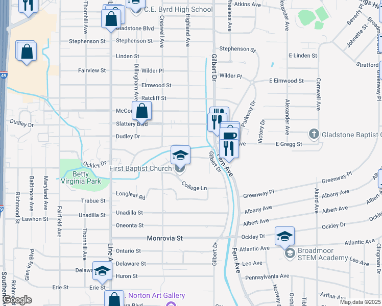 map of restaurants, bars, coffee shops, grocery stores, and more near 3861 Highland Avenue in Shreveport