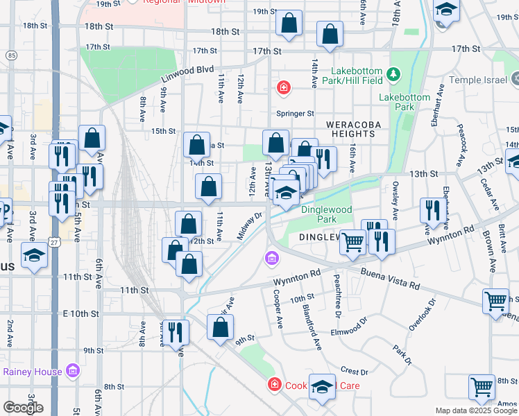 map of restaurants, bars, coffee shops, grocery stores, and more near 1200 13th Street in Columbus