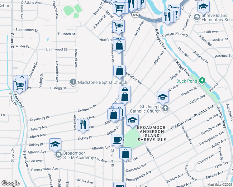 map of restaurants, bars, coffee shops, grocery stores, and more near 304 Albany Avenue in Shreveport