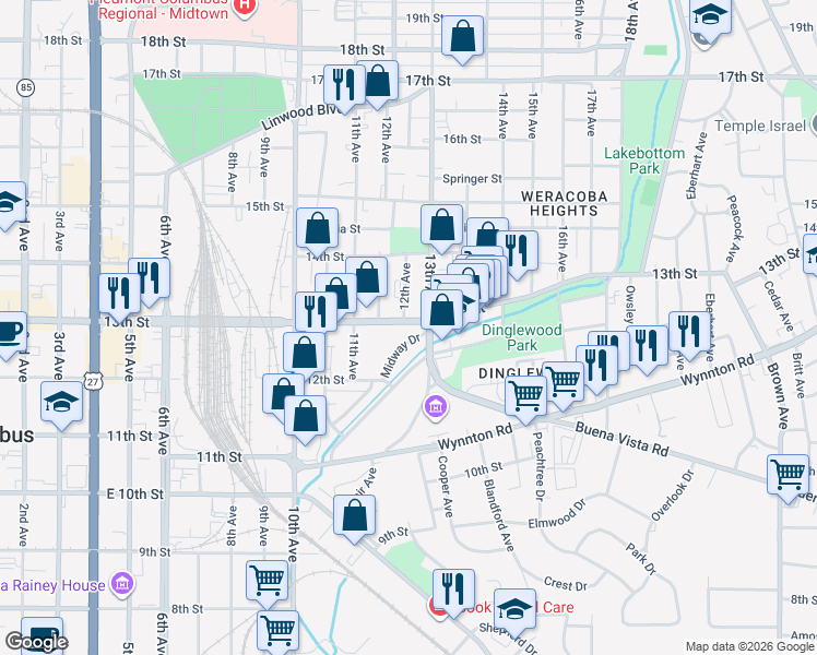 map of restaurants, bars, coffee shops, grocery stores, and more near 1200 13th Street in Columbus