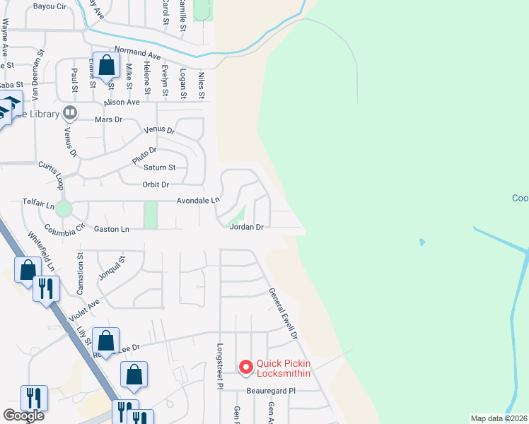 map of restaurants, bars, coffee shops, grocery stores, and more near 608 Bloomington Lane in Bossier City