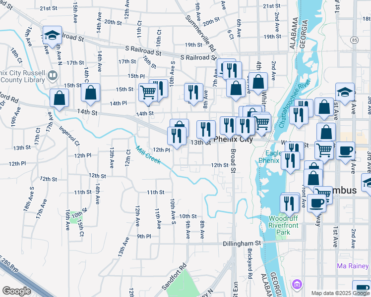 map of restaurants, bars, coffee shops, grocery stores, and more near 1223 9th Avenue in Phenix City