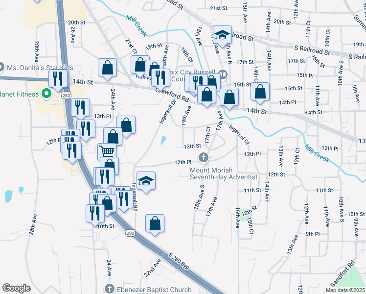 map of restaurants, bars, coffee shops, grocery stores, and more near 1900 13th Street in Phenix City