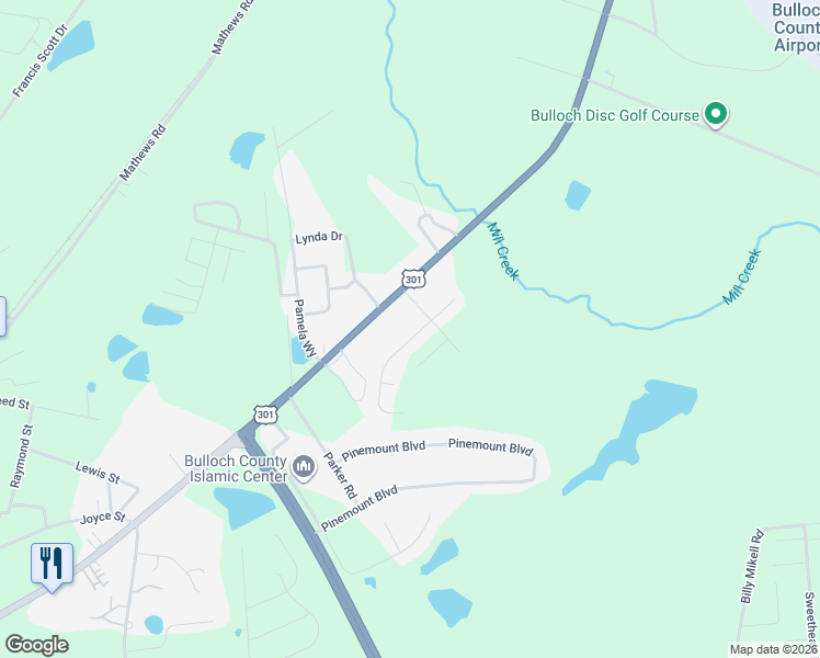 map of restaurants, bars, coffee shops, grocery stores, and more near 306 South Bridgeport Drive in Statesboro