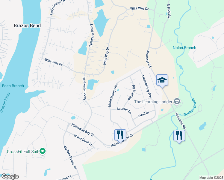 map of restaurants, bars, coffee shops, grocery stores, and more near 3123 Meandering Way in Granbury