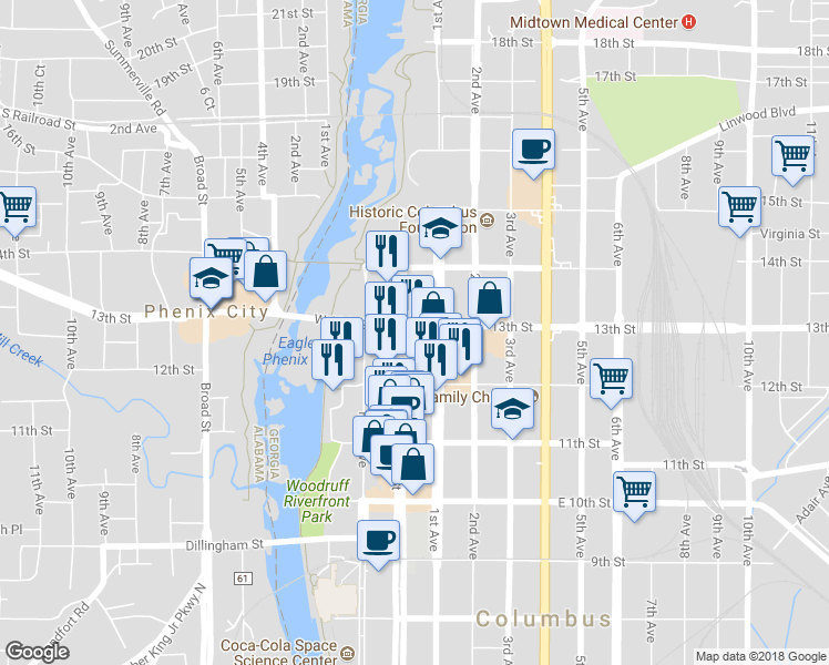 map of restaurants, bars, coffee shops, grocery stores, and more near 1250 Broadway in Columbus
