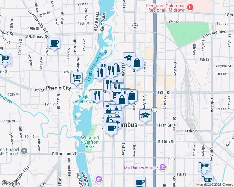 map of restaurants, bars, coffee shops, grocery stores, and more near 1250 Broadway in Columbus