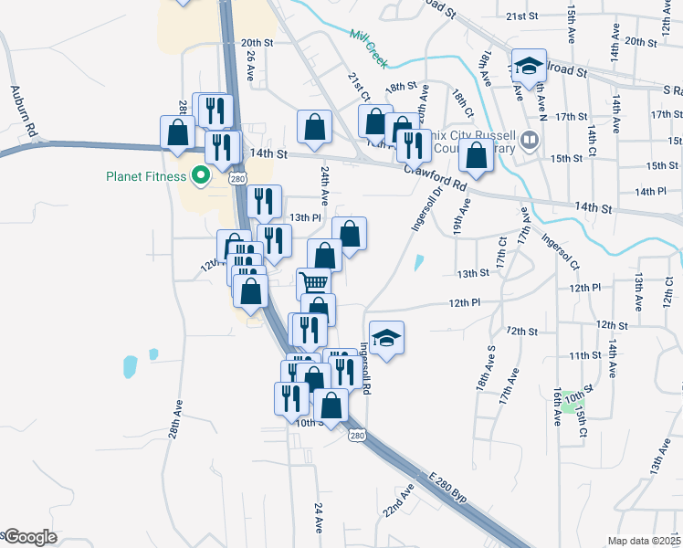 map of restaurants, bars, coffee shops, grocery stores, and more near 1205 23rd Court in Phenix City
