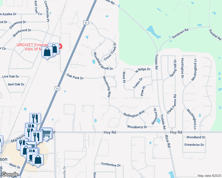 map of restaurants, bars, coffee shops, grocery stores, and more near 125 Woodsong Way in Madison