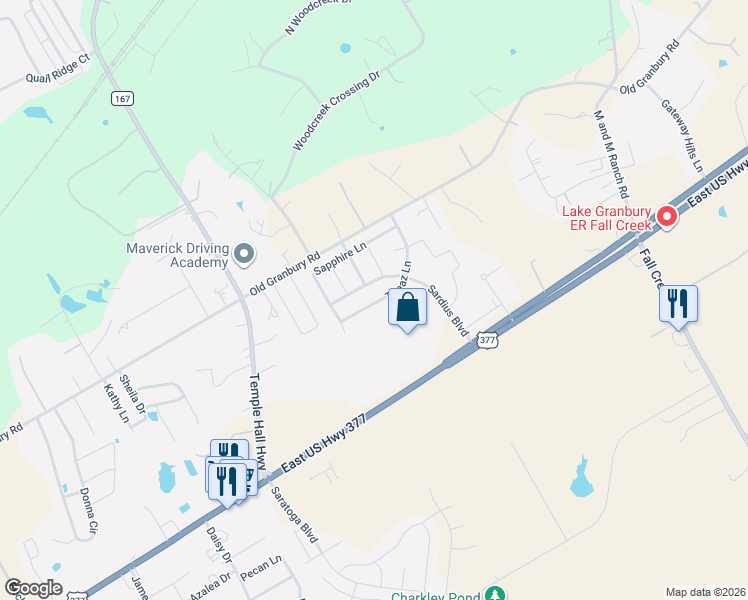 map of restaurants, bars, coffee shops, grocery stores, and more near 316 Sardius Boulevard in Granbury