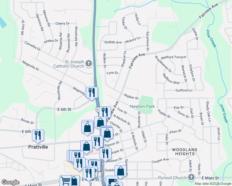 map of restaurants, bars, coffee shops, grocery stores, and more near 301 Walker Street in Prattville