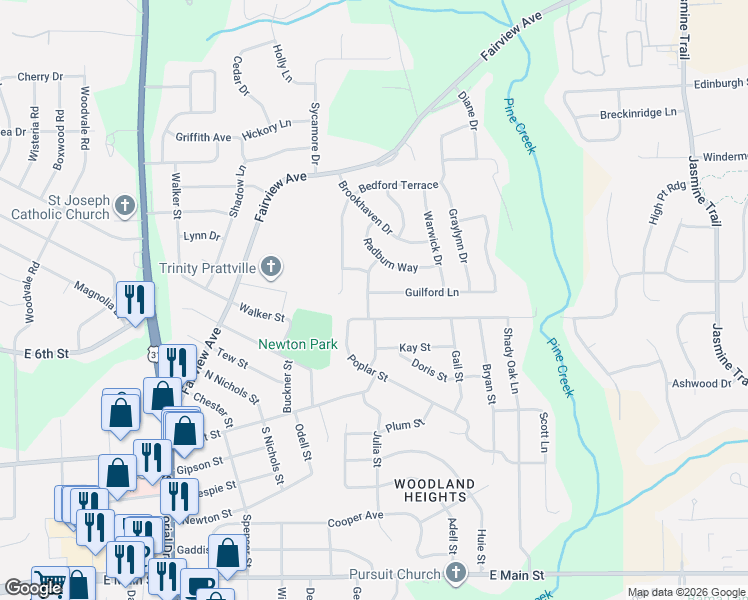 map of restaurants, bars, coffee shops, grocery stores, and more near 104 Guilford Lane in Prattville