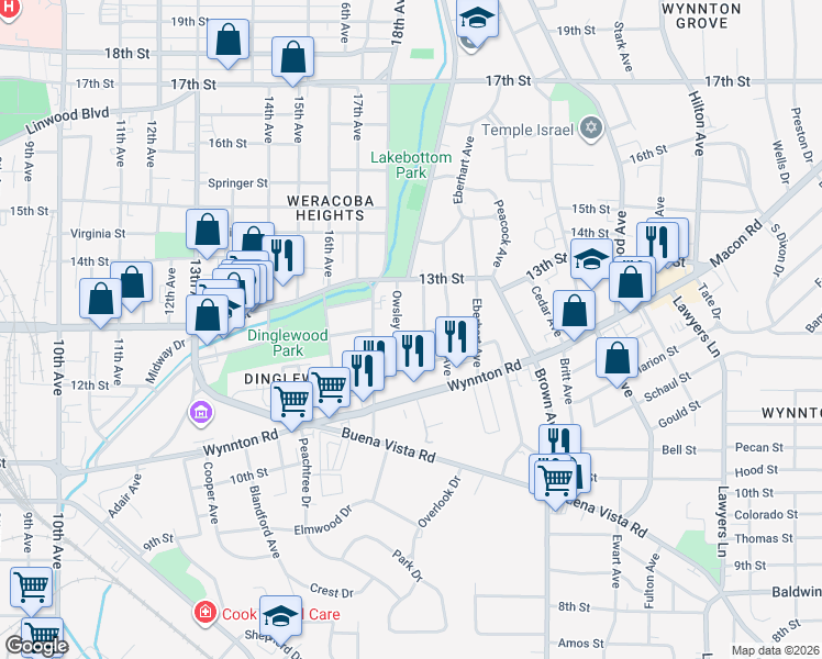 map of restaurants, bars, coffee shops, grocery stores, and more near 1901 Hill Street in Columbus