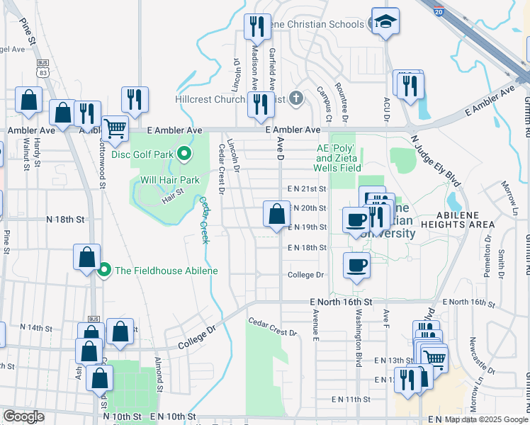 map of restaurants, bars, coffee shops, grocery stores, and more near 541 East North 20th Street in Abilene