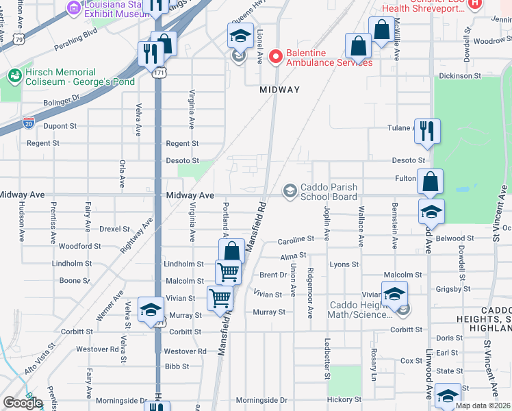 map of restaurants, bars, coffee shops, grocery stores, and more near 4222 Mansfield Road in Shreveport
