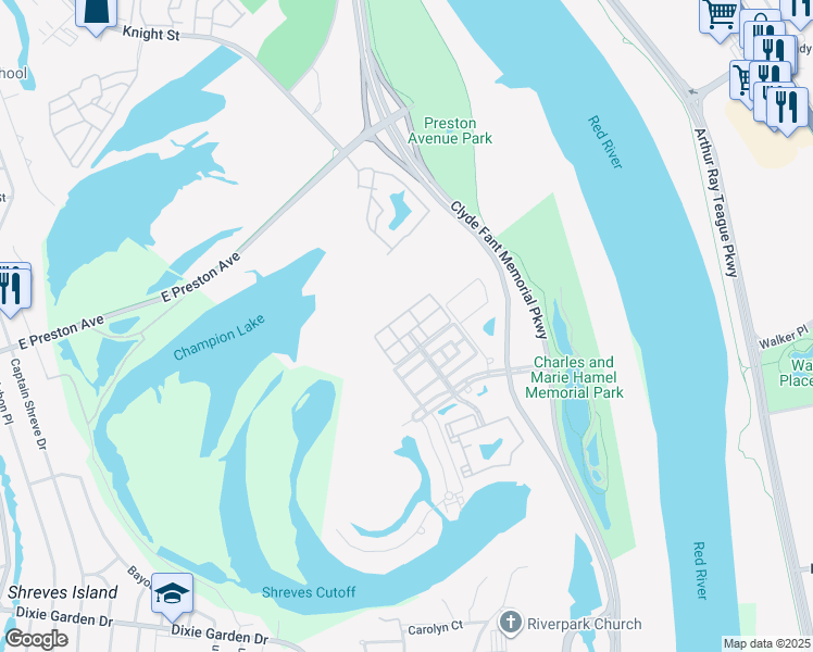 map of restaurants, bars, coffee shops, grocery stores, and more near 2600 Celebration Cove in Shreveport