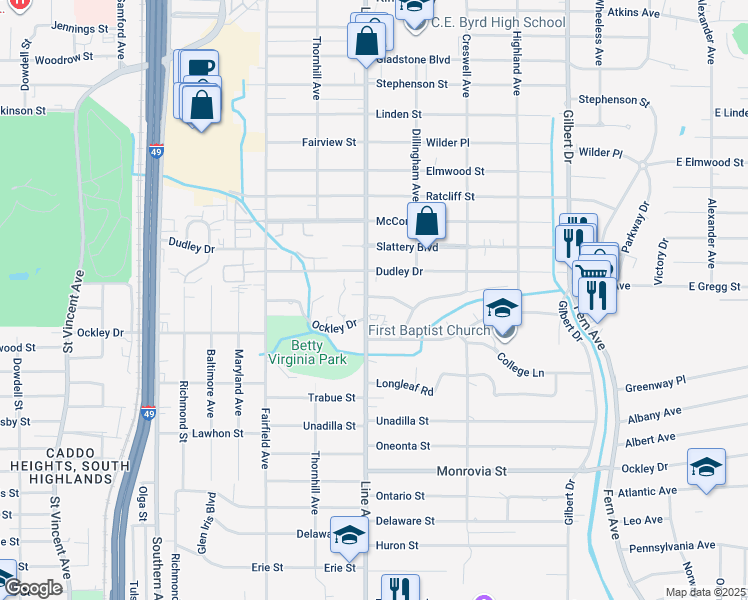 map of restaurants, bars, coffee shops, grocery stores, and more near 736 Cecile Place in Shreveport